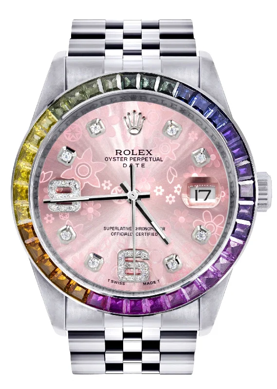 Diamond Gold Rolex Watch For Men 16200 | 36Mm | Rainbow Sapphire Bezel | Pink Flower Diamond Dial | Jubilee Band