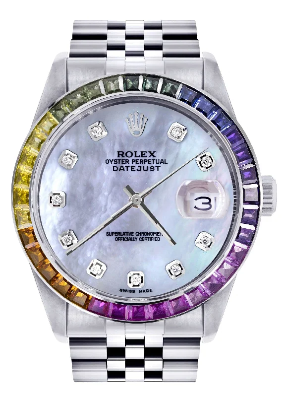 Diamond Gold Rolex Watch For Men 16200 | 36Mm | Rainbow Sapphire Bezel | Blue Mother Of Pearl Dial | Jubilee Band