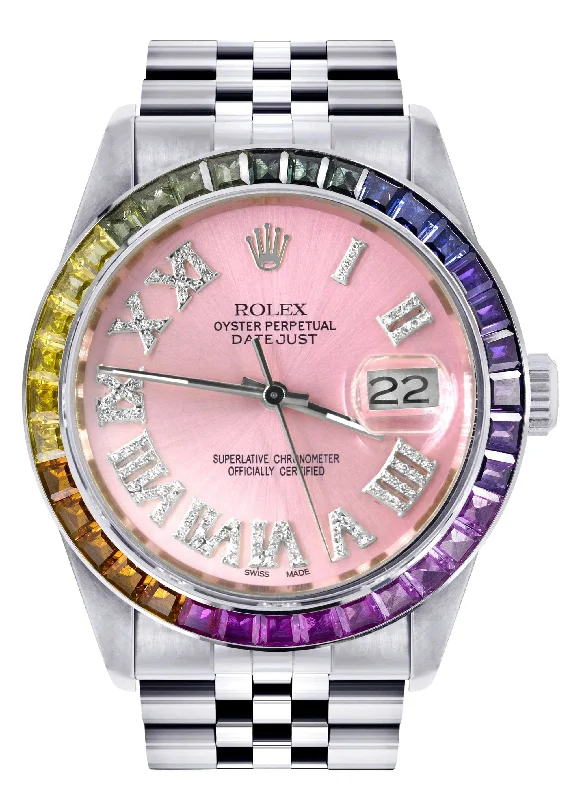 Diamond Gold Rolex Watch For Men 16200 | 36Mm | Rainbow Sapphire Bezel | Pink Roman Numeral Dial | Jubilee Band