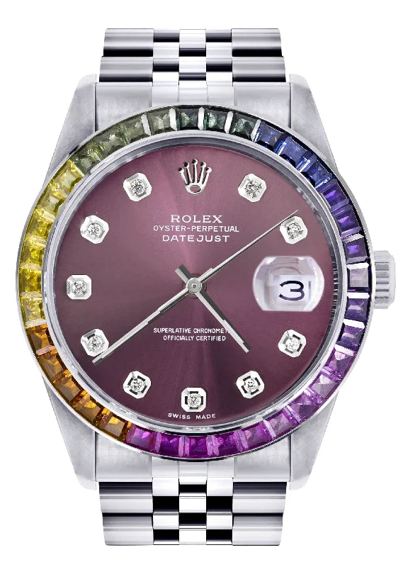 Diamond Gold Rolex Watch For Men 16200 | 36Mm | Rainbow Sapphire Bezel | Purple Dial | Jubilee Band