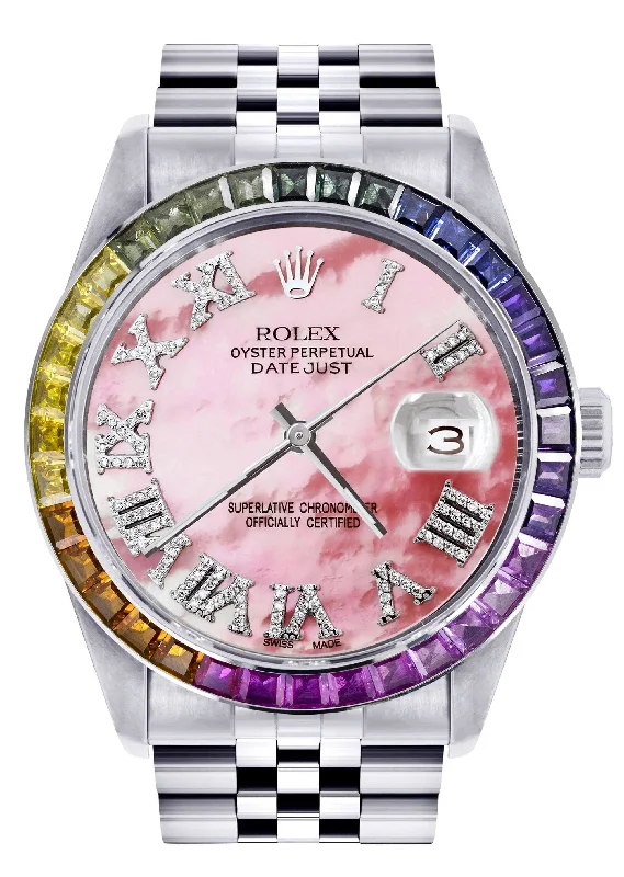 Diamond Gold Rolex Watch For Men 16200 | 36Mm | Rainbow Sapphire Bezel | Pink Mother Of Pearl Roman Numeral Dial | Jubilee Band