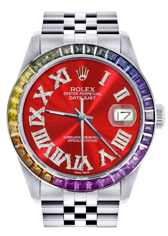 Diamond Gold Rolex Watch For Men 16200 | 36Mm | Rainbow Sapphire Bezel | Red Roman Numeral Dial | Jubilee Band