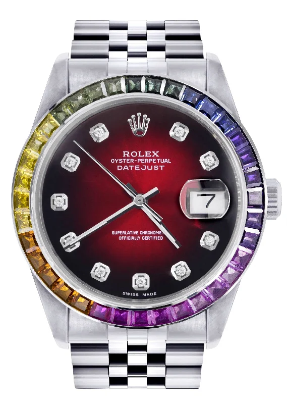 Diamond Gold Rolex Watch For Men 16200 | 36Mm | Rainbow Sapphire Bezel | Red Black Dial | Jubilee Band