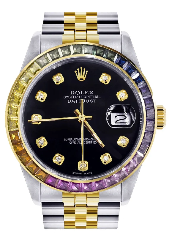 Diamond Gold Rolex Watch For Men 16233 | 36Mm | Rainbow Sapphire Bezel | Black Dial | Jubilee Band