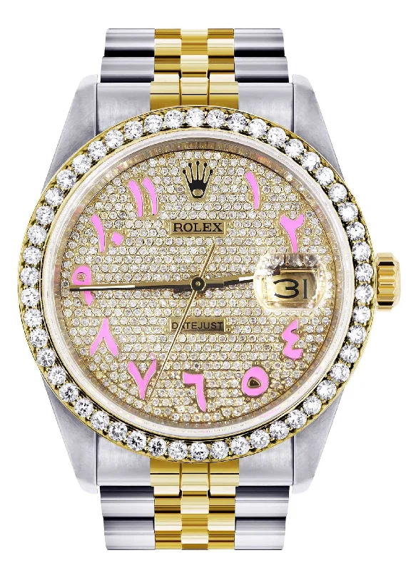 Diamond Gold Rolex Watch For Men 16233 | 36Mm | Custom Pink Arabic Full Diamond Dial | Jubilee Band