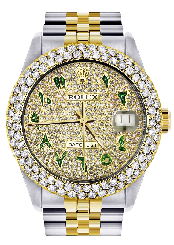 Diamond Gold Rolex Watch For Men 16233 | 36Mm | Diamond Green Arabic Dial | Two Row 4.25 Carat Bezel | Jubilee Band