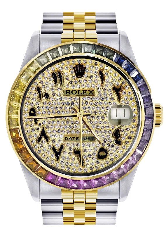 Diamond Gold Rolex Watch For Men 16233 | 36Mm | Rainbow Sapphire Bezel | Iced Out Black Arabic Numeral Dial | Jubilee Band