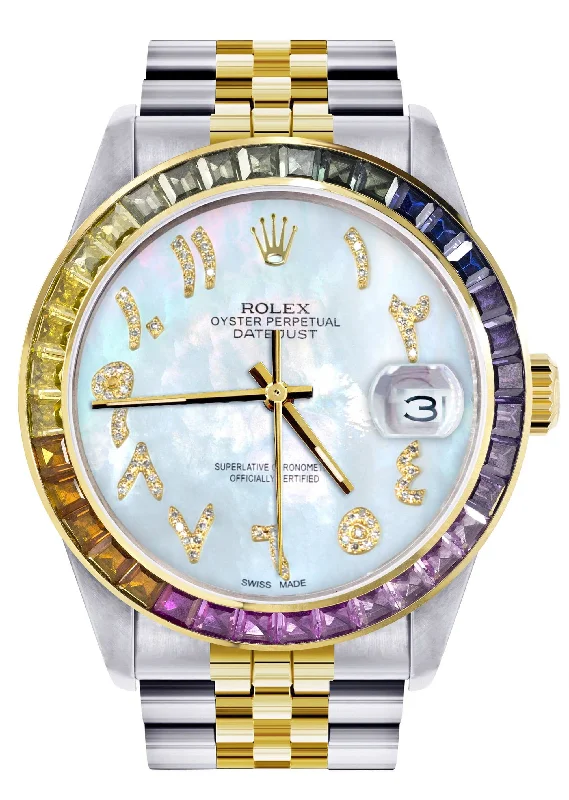 Diamond Gold Rolex Watch For Men 16233 | 36Mm | Rainbow Sapphire Bezel | Diamond Mother Of Pearl Arabic Numeral Dial | Jubilee Band