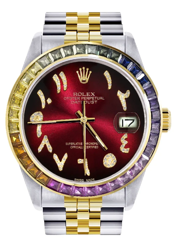 Diamond Gold Rolex Watch For Men 16233 | 36Mm | Rainbow Sapphire Bezel | Diamond Red Arabic Numeral Dial | Jubilee Band