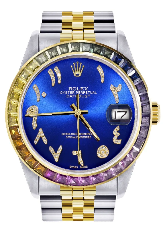 Diamond Gold Rolex Watch For Men 16233 | 36Mm | Rainbow Sapphire Bezel | Diamond Blue Arabic Numeral Dial | Jubilee Band