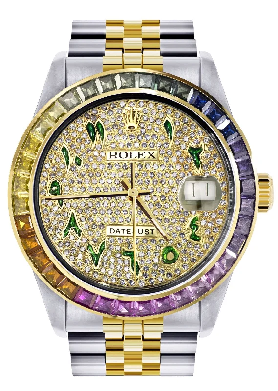 Diamond Gold Rolex Watch For Men 16233 | 36Mm | Rainbow Sapphire Bezel | Iced Out Green Arabic Numeral Dial | Jubilee Band