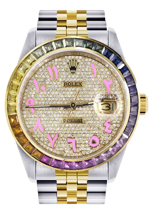 Diamond Gold Rolex Watch For Men 16233 | 36Mm | Rainbow Sapphire Bezel | Iced Out Pink Arabic Numeral Dial | Jubilee Band