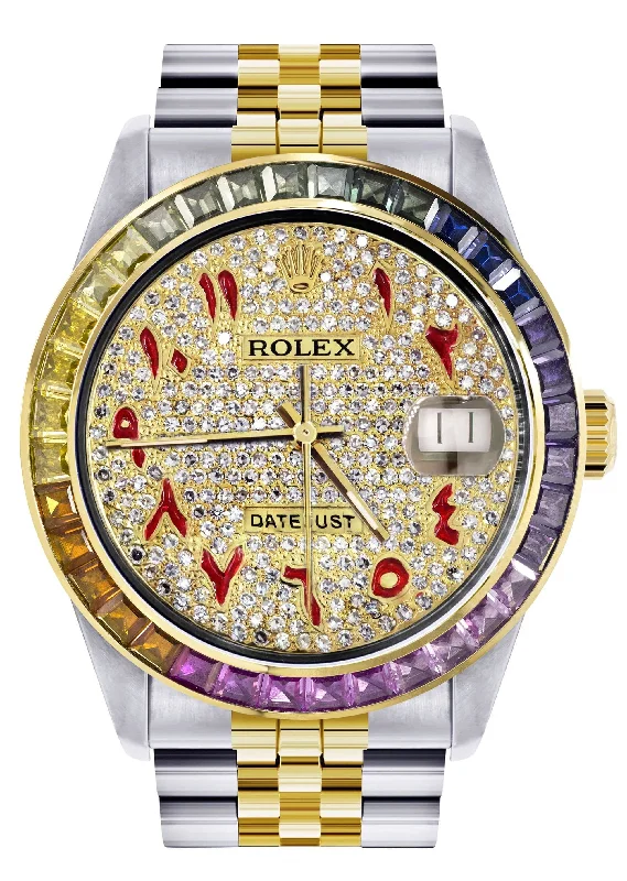 Diamond Gold Rolex Watch For Men 16233 | 36Mm | Rainbow Sapphire Bezel | Iced Out Red Arabic Numeral Dial | Jubilee Band