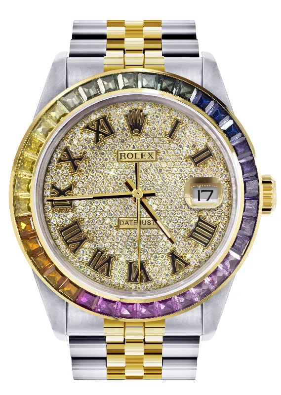 Diamond Gold Rolex Watch For Men 16233 | 36Mm | Rainbow Sapphire Bezel | Full Diamond Roman Numeral | Jubilee Band