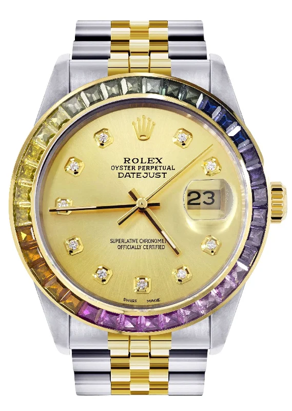 Diamond Gold Rolex Watch For Men 16233 | 36Mm | Rainbow Sapphire Bezel | Gold Dial | Jubilee Band