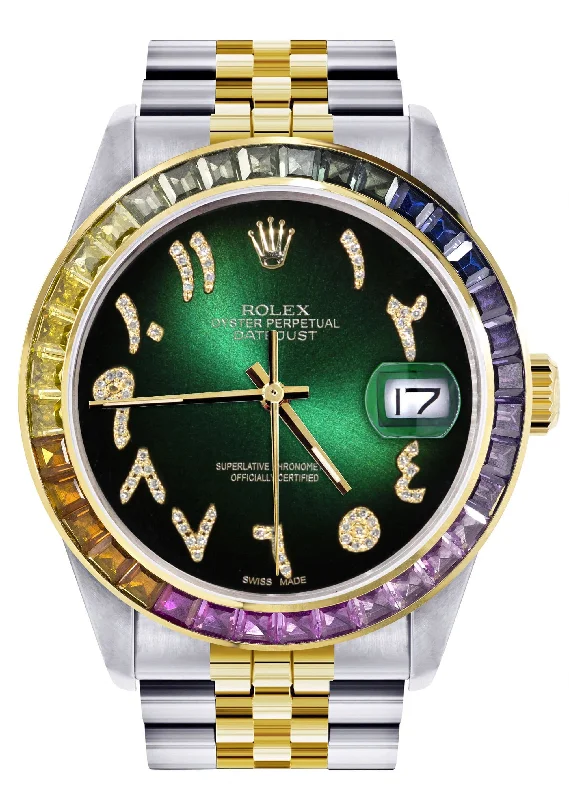 Diamond Gold Rolex Watch For Men 16233 | 36Mm | Rainbow Sapphire Bezel | Diamond Green Black Arabic Numeral Dial | Jubilee Band