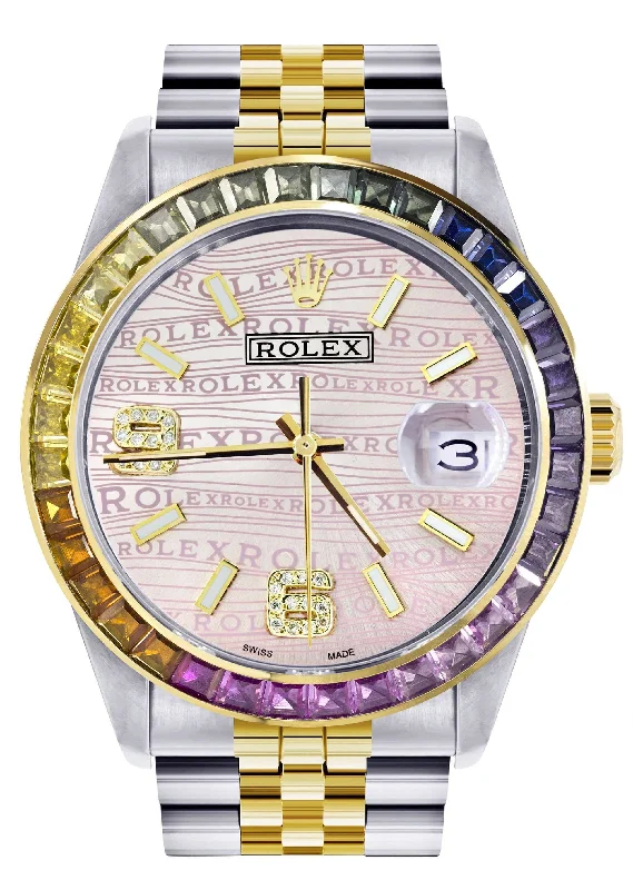 Diamond Gold Rolex Watch For Men 16233 | 36Mm | Rainbow Sapphire Bezel | Diamond Pink Texture Dial | Jubilee Band