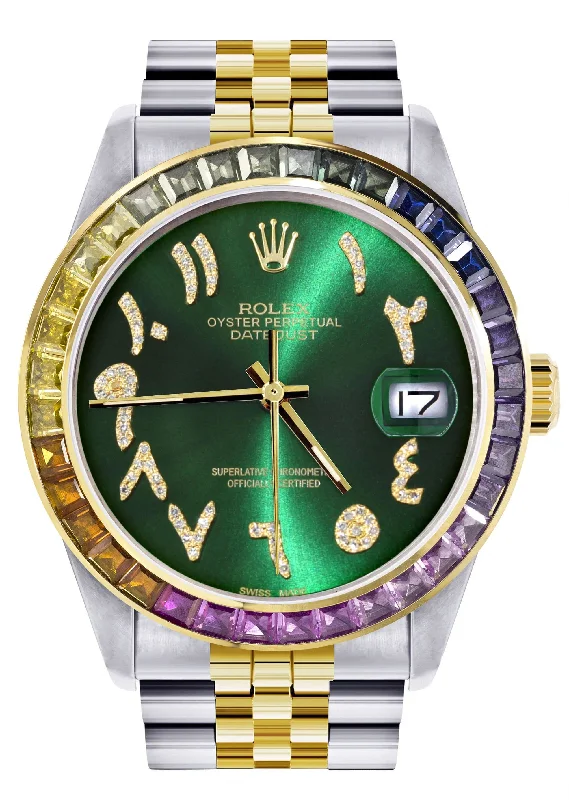 Diamond Gold Rolex Watch For Men 16233 | 36Mm | Rainbow Sapphire Bezel | Diamond Green Arabic Numeral Dial | Jubilee Band