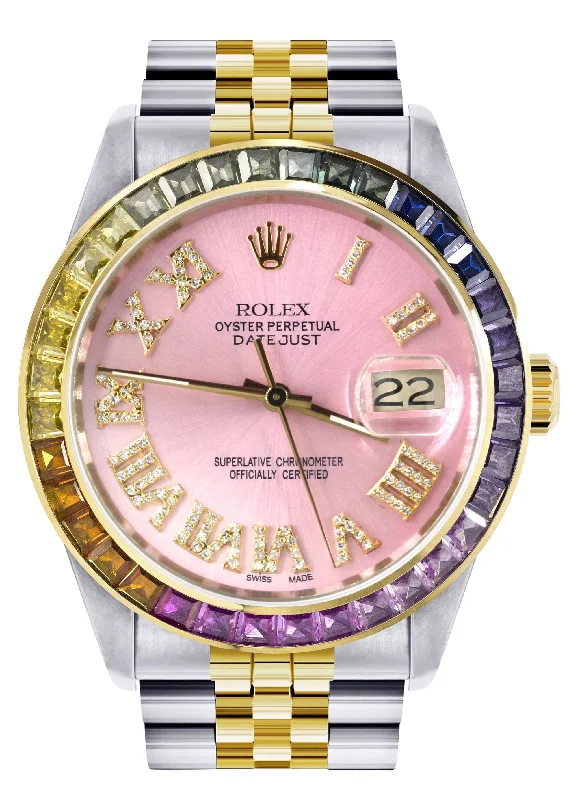 Diamond Gold Rolex Watch For Men 16233 | 36Mm | Rainbow Sapphire Bezel | Diamond Pink Roman Numeral Dial | Jubilee Band