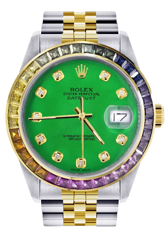 Diamond Gold Rolex Watch For Men 16233 | 36Mm | Rainbow Sapphire Bezel | Green Dial | Jubilee Band