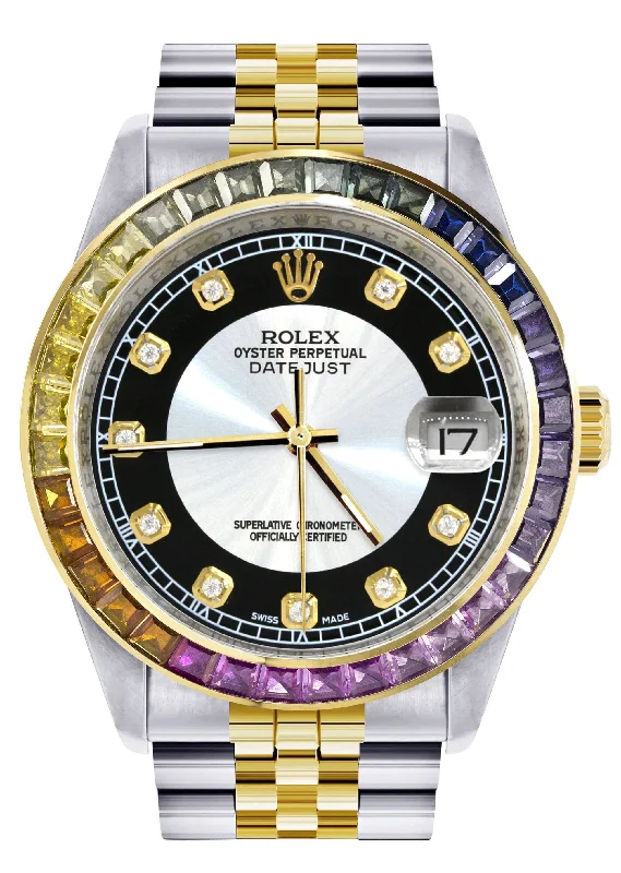 Diamond Gold Rolex Watch For Men 16233 | 36Mm | Rainbow Sapphire Bezel | Tuxedo Dial | Jubilee Band