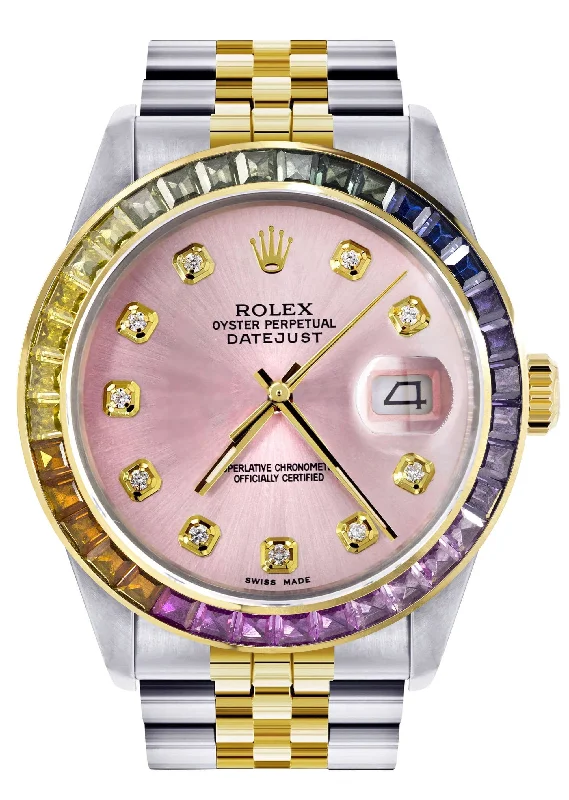 Diamond Gold Rolex Watch For Men 16233 | 36Mm | Rainbow Sapphire Bezel | Pink Dial | Jubilee Band