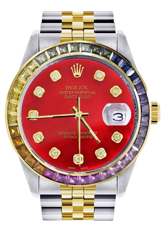 Diamond Gold Rolex Watch For Men 16233 | 36Mm | Rainbow Sapphire Bezel | Red Dial | Jubilee Band