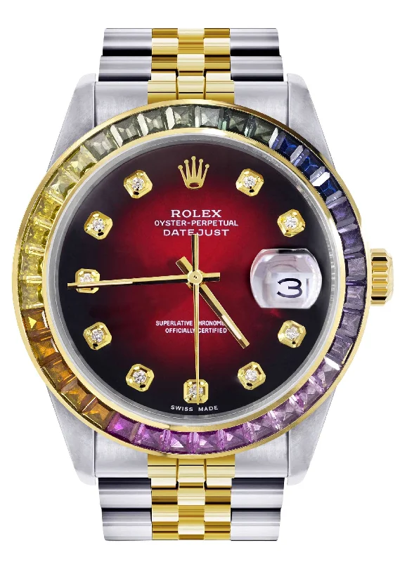 Diamond Gold Rolex Watch For Men 16233 | 36Mm | Rainbow Sapphire Bezel | Red Black Dial | Jubilee Band