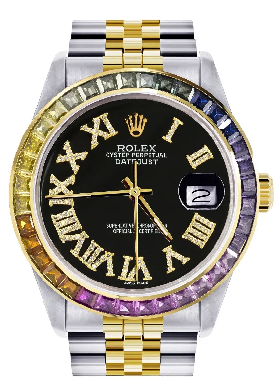 Diamond Gold Rolex Watch For Men 16233 | 36Mm | Rainbow Sapphire Bezel | Diamond Black Roman Numeral Dial | Jubilee Band