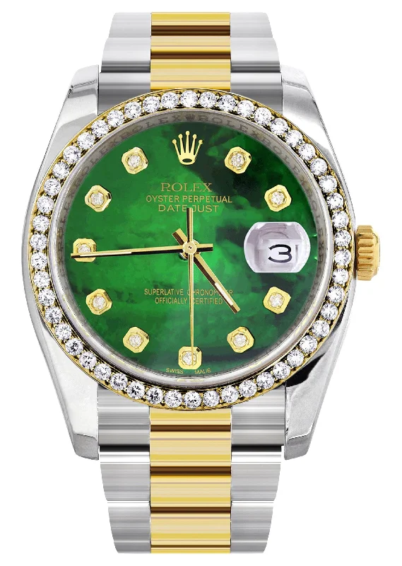 116233 | Diamond Gold Rolex Watch For Men | 36Mm | Green Mother Of Pearl Dial | Oyster Band