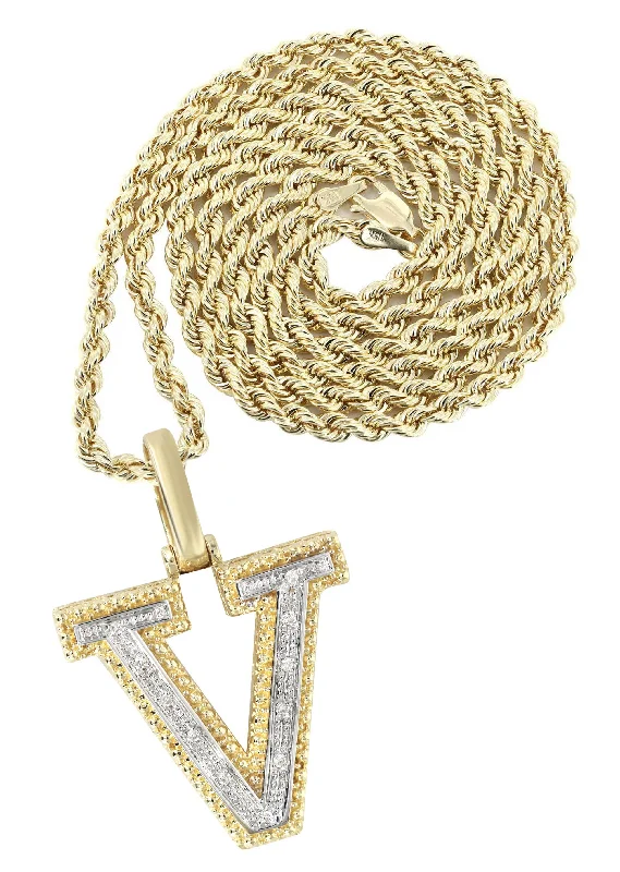 Diamond 10K Yellow Gold Letter ""V"" Necklace | Appx. 13.9 Grams