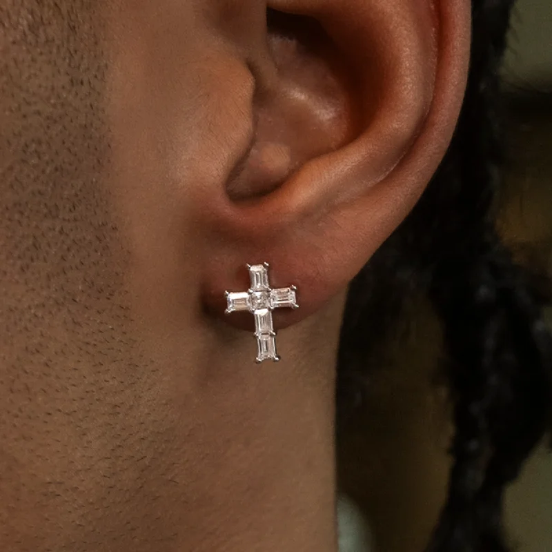 Diamond Baguette Cross Stud Earrings in White Gold