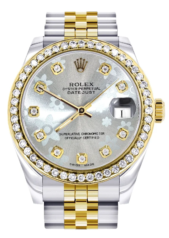 Diamond Gold Rolex Watch | Diamond Bezel | 31MM | Floral Blue Diamond Dial | Jubilee Band