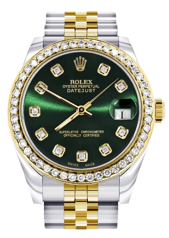 Diamond Gold Rolex Watch | Diamond Bezel | 31MM | Green Dial | Jubilee Band