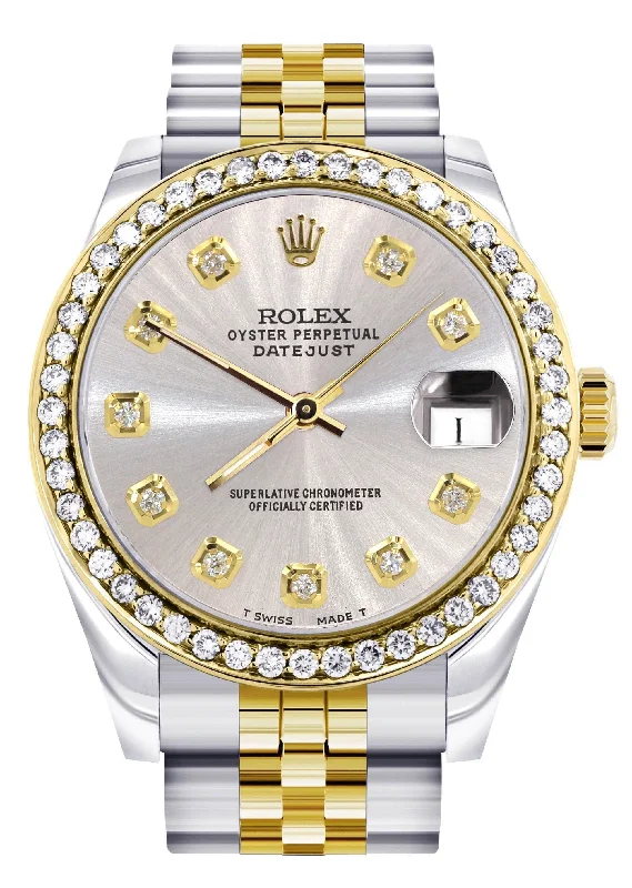 Diamond Gold Rolex Watch | Diamond Bezel | 31MM | Grey Dial | Jubilee Band