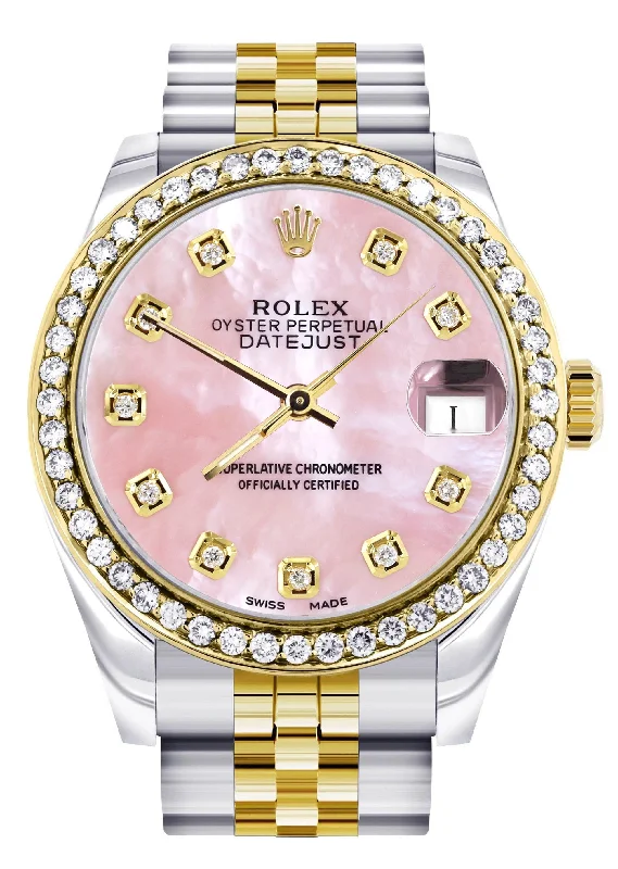 Diamond Gold Rolex Watch | Diamond Bezel | 31MM | Pink Mother Of Pearl Dial | Jubilee Band