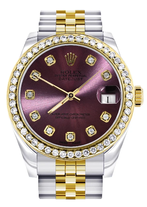 Diamond Gold Rolex Watch | Diamond Bezel | 31MM | Purple Diamond Dial | Jubilee Band