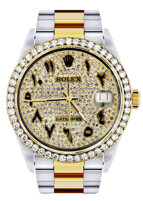 Diamond Gold Rolex Watch For Men 16233 | 36Mm | Black Arabic Full Diamond Dial | Oyster Band