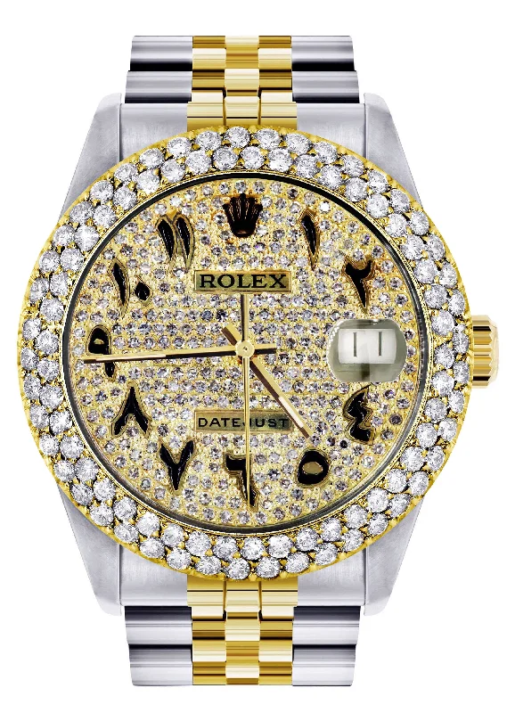 Diamond Gold Rolex Watch For Men 16233 | 36Mm | Black Arabic Full Diamond Dial | Two Row 4.25 Carat Bezel | Jubilee Band