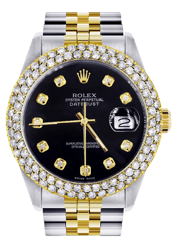 Diamond Gold Rolex Watch For Men 16233 | 36Mm | Black Dial | Two Row 4.25 Carat Bezel | Jubilee Band