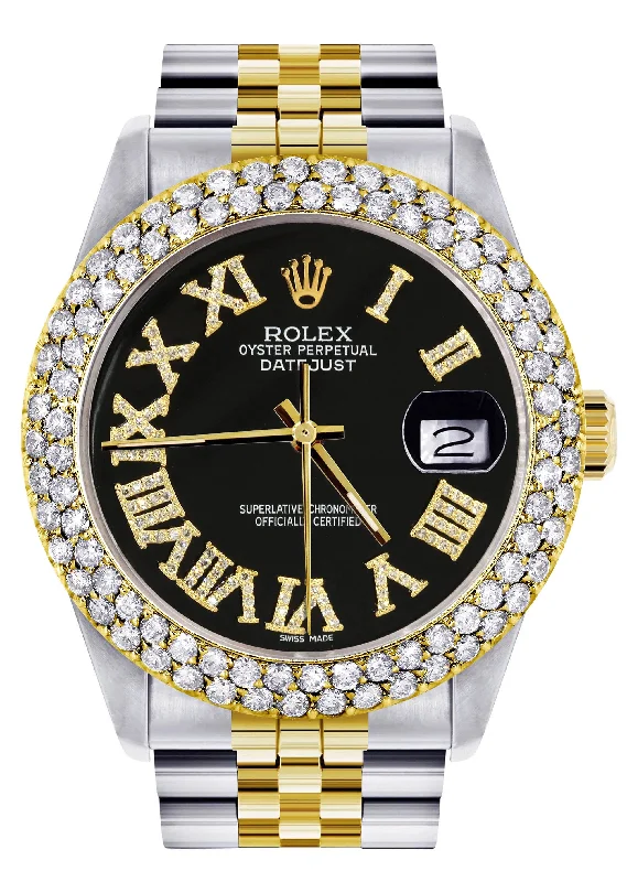 Diamond Gold Rolex Watch For Men 16233 | 36Mm | Black Roman Dial | Two Row 4.25 Carat Bezel | Jubilee Band