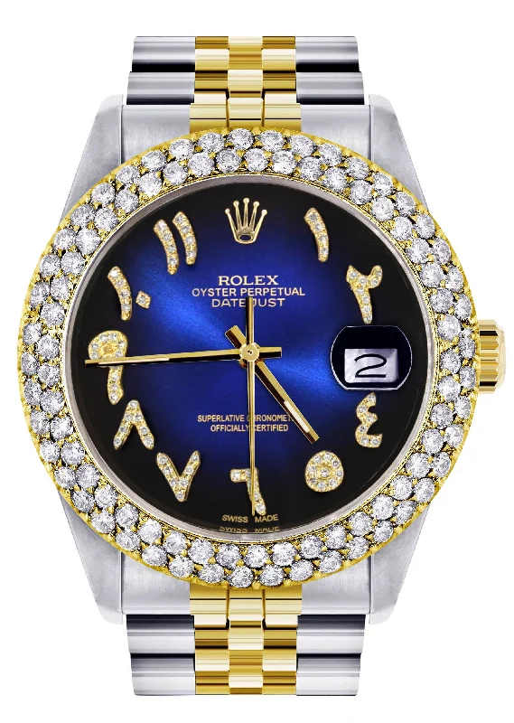 Diamond Gold Rolex Watch For Men 16233 | 36Mm | Blue Black Arabic Diamond Dial | Two Row 4.25 Carat Bezel | Jubilee Band