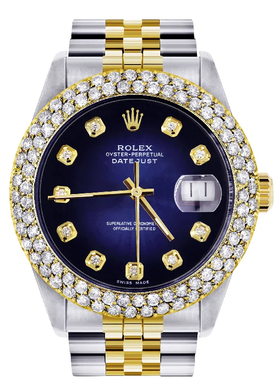 Diamond Gold Rolex Watch For Men 16233 | 36Mm | Blue Black Dial | Two Row 4.25 Carat Bezel | Jubilee Band