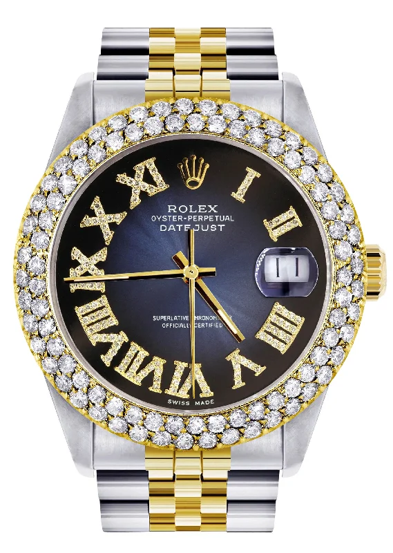 Diamond Gold Rolex Watch For Men 16233 | 36Mm | Blue Black Roman Numeral Dial | Two Row 4.25 Carat Bezel | Jubilee Band