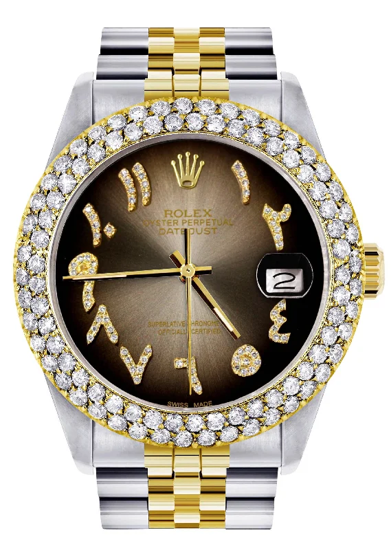 Diamond Gold Rolex Watch For Men 16233 | 36Mm | Brown Arabic Diamond Dial | Two Row 4.25 Carat Bezel | Jubilee Band