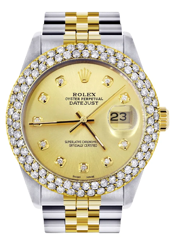 Diamond Gold Rolex Watch For Men 16233 | 36Mm | Custom Gold Dial | Two Row 4.25 Carat Bezel | Jubilee Band