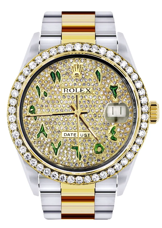 Diamond Gold Rolex Watch For Men 16233 | 36Mm | Custom Green Arabic Full Diamond Dial | Oyster Band