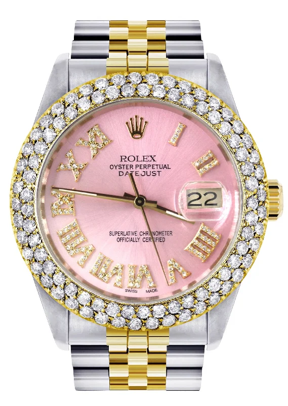 Diamond Gold Rolex Watch For Men 16233 | 36Mm | Pink Roman Numeral Dial | Two Row 4.25 Carat Bezel | Jubilee Band