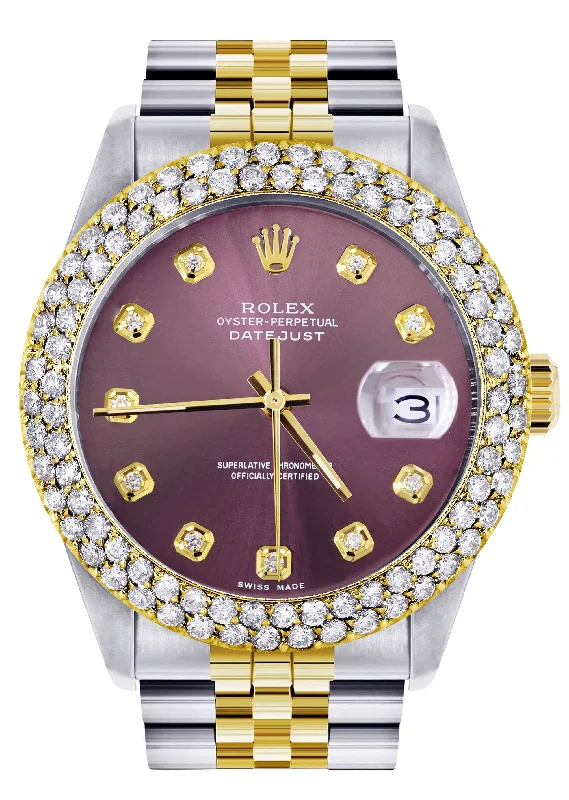 Diamond Gold Rolex Watch For Men 16233 | 36Mm | Custom Purple Dial | Two Row 4.25 Carat Bezel | Jubilee Band