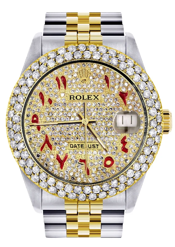 Diamond Gold Rolex Watch For Men 16233 | 36Mm | Custom Red Arabic Full Diamond Dial | Two Row 4.25 Carat Bezel | Jubilee Band